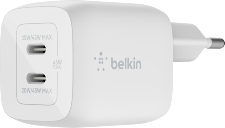 Belkin Boost Charge Pro Dual Port USB-C GaN 45 W PD 3.0 -verkkovirtalaturi, valkoinen i gruppen SMARTPHONES & TABLETS / Opladere og kabler / Vægoplader / Væg oplader Type C hos TP E-commerce Nordic AB (C44534)