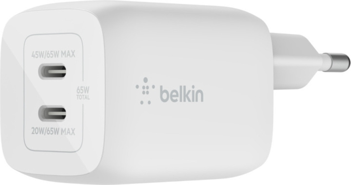 Belkin Boost Charge Pro Dual Port USB-C GaN 65 W PD 3.0 -verkkovirtalaturi, valkoinen i gruppen SMARTPHONES & TABLETS / Opladere og kabler / Vægoplader / Væg oplader Type C hos TP E-commerce Nordic AB (C44535)