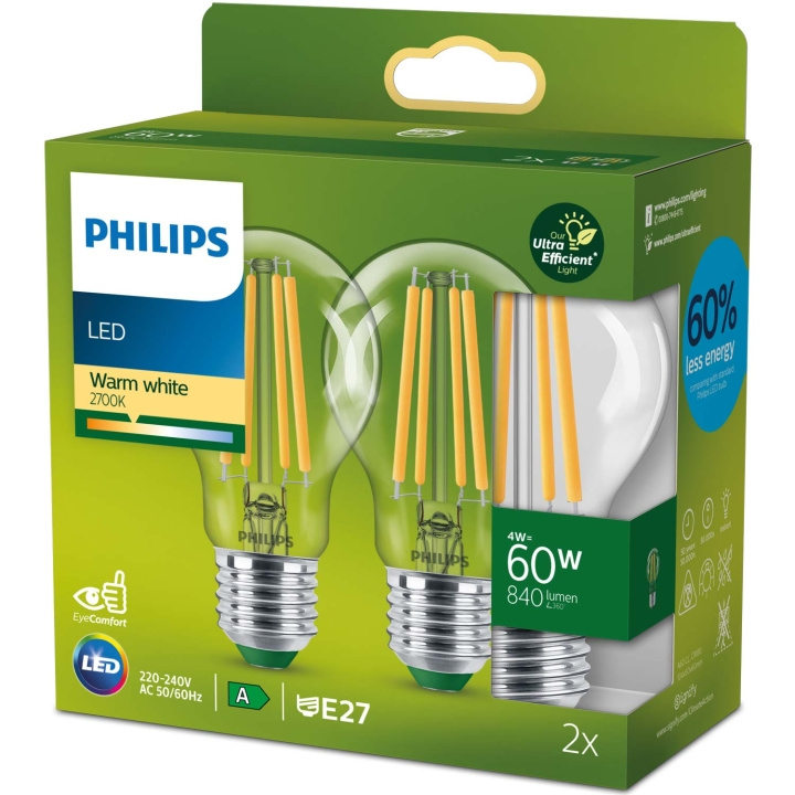 Philips 2-pack LED E27 Normal 4W (60W) Klar 840lm 2700K Energiklass A i gruppen HJEMMEELEKTRONIK / Lys / LED lamper hos TP E-commerce Nordic AB (C51452)