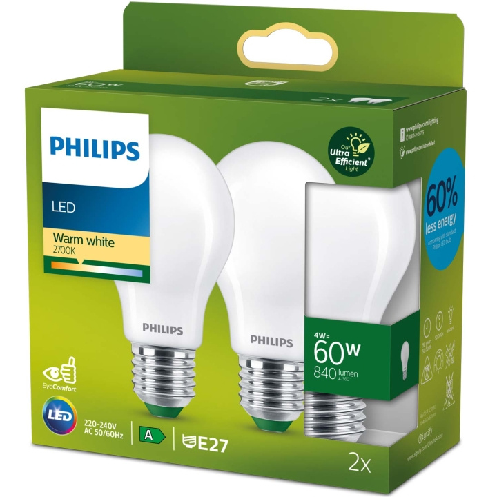 Philips 2-pack LED E27 Normal 4W (60W) Frostad 840lm 2700K Energiklass A i gruppen HJEMMEELEKTRONIK / Lys / LED lamper hos TP E-commerce Nordic AB (C51453)