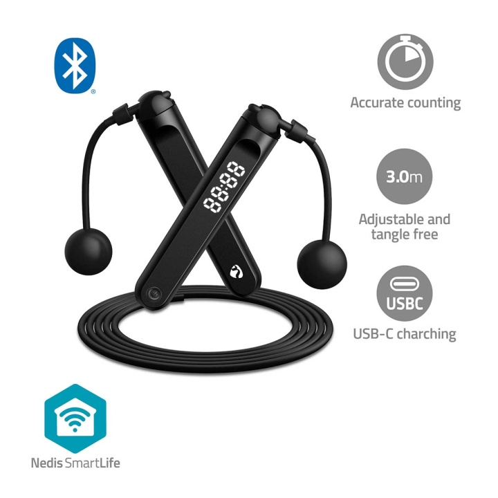 Nedis SmartLife Udendørs Sport | Sjippetov | Bluetooth® | Dual Hall sensor | LED Display | PVC | 3.00 m | Snørepose / Trådløse bolde | Sort i gruppen SPORT, FRITID & HOBBY / Træningsredskaber / Træningstilbehør hos TP E-commerce Nordic AB (C57022)