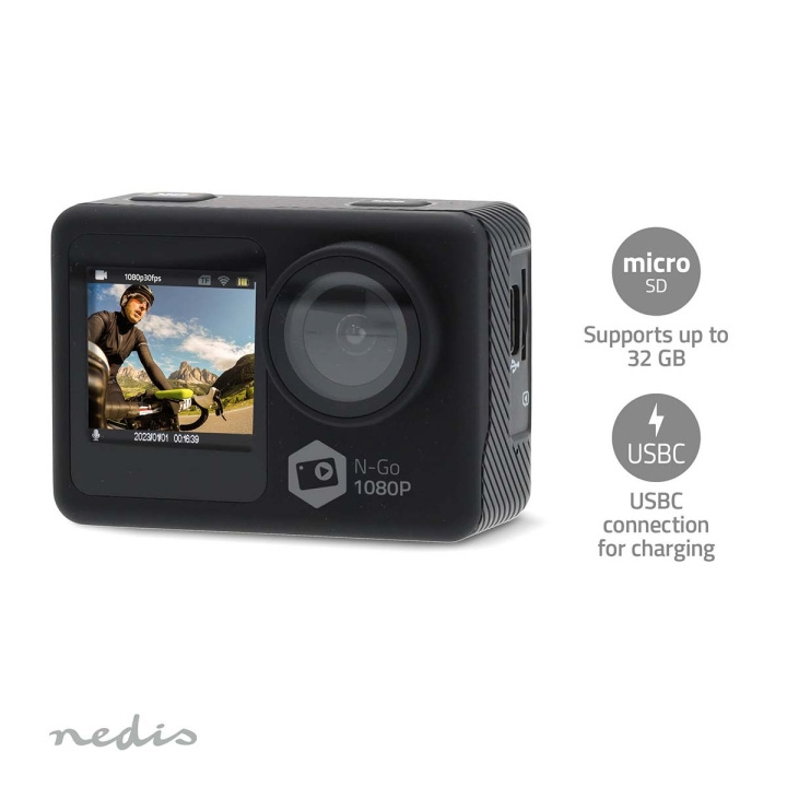 Nedis Action Cam | Dobbelt Skærm | 1080p@30fps | 12 MPixel | Vandtæt op til: 30.0 m | 70 min | Wi-Fi | App tilgængelig til: Android™ / IOS | Montering inkluderet | Sort i gruppen SPORT, FRITID & HOBBY / Action kameraer og tilbehør / Action kameraer hos TP E-commerce Nordic AB (C57029)