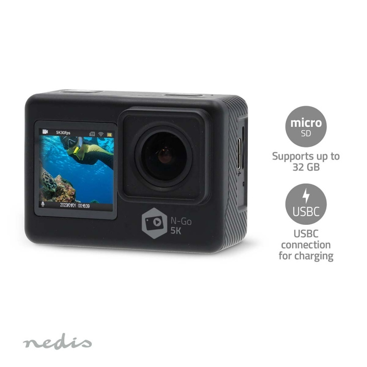 Nedis Action Cam | Dobbelt Skærm | 5K@30fps | 16 MPixel | Vandtæt op til: 30.0 m | 80 min | Wi-Fi | App tilgængelig til: Android™ / IOS | Montering inkluderet | Sort i gruppen SPORT, FRITID & HOBBY / Action kameraer og tilbehør / Action kameraer hos TP E-commerce Nordic AB (C57030)