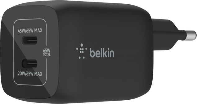Belkin Boost Charge Pro Dual Port USB-C GaN 65 W PD 3.0 AC-laddare, svart i gruppen SMARTPHONES & TABLETS / Opladere og kabler / Vægoplader / Væg oplader Type C hos TP E-commerce Nordic AB (C57829)