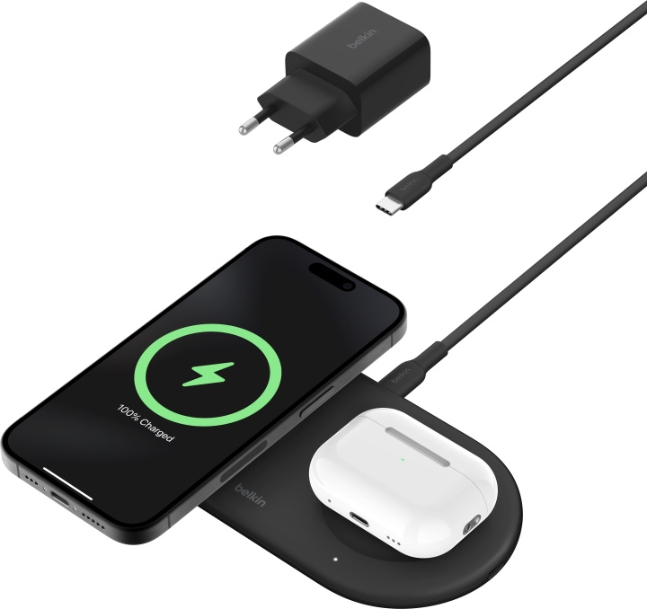 Belkin BoostCharge Pro 2-i-1 Qi2 laddningsplatta, svart i gruppen SMARTPHONES & TABLETS / Opladere og kabler / Trådløs Qi oplader hos TP E-commerce Nordic AB (C58923)