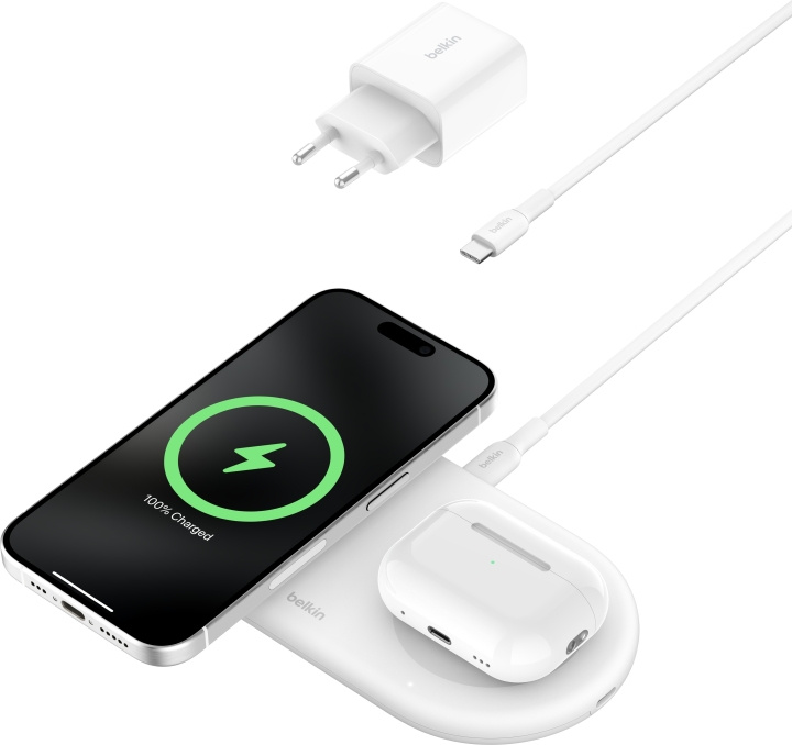 Belkin BoostCharge Pro 2-i-1 Qi2 laddningsplatta, vit i gruppen SMARTPHONES & TABLETS / Opladere og kabler / Trådløs Qi oplader hos TP E-commerce Nordic AB (C58924)