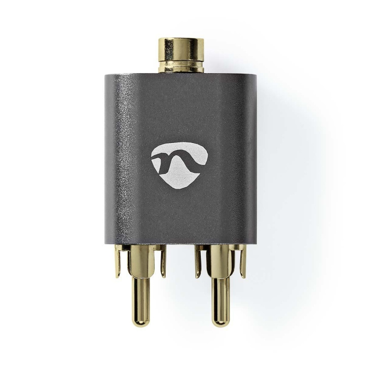 Nedis Stereo Audio Adapter | 2x RCA Hanstik | 3.5 mm Hunstik | Guldplateret | Lige | Aluminium | Gun Metal Grå | 1 stk. | Cover Window Box i gruppen HJEMMEELEKTRONIK / Kabler og adaptere / Audio Analog / Adaptere hos TP E-commerce Nordic AB (C58980)