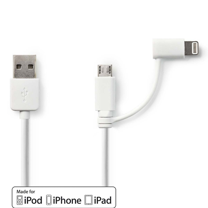 Nedis 2 i 1 kabel | USB 2.0 | USB-A Han | Apple Lightning 8-pin / USB Micro-B han | 480 Mbps | 1.00 m | Nikkelplateret | Runde | PVC | Hvid | Plastikpose i gruppen COMPUTERTILBEHØR / Kabler og adaptere / USB / USB-A / Kabler hos TP E-commerce Nordic AB (C58985)