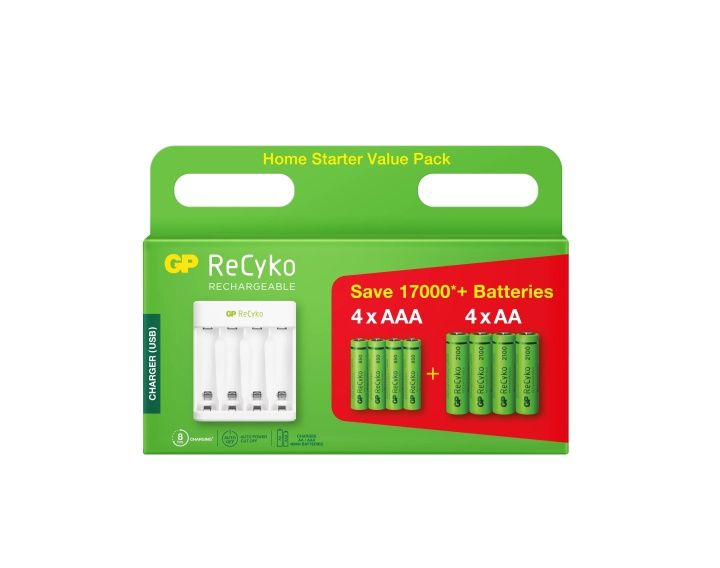 GP ReCyko Kit 4xAA 2100mA/ 4xAAA 850mA NiMH prepacked display i gruppen HJEMMEELEKTRONIK / Batterier og opladere / Genopladelige batterier / AA hos TP E-commerce Nordic AB (C60035)