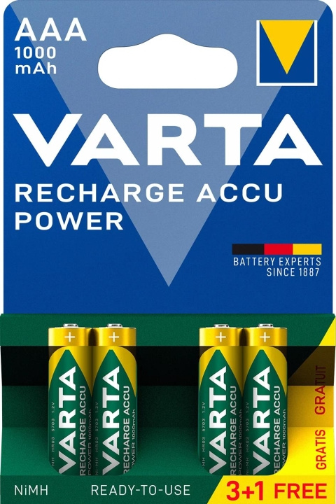Varta Recharge Charge Accu Power AAA 1000mAh 4 Pack (3+1) i gruppen HJEMMEELEKTRONIK / Batterier og opladere / Genopladelige batterier / AAA hos TP E-commerce Nordic AB (C60789)
