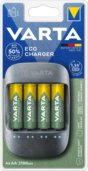 Varta Eco Charger + 4x AA Batteries (56816), 2100 mAh i gruppen HJEMMEELEKTRONIK / Batterier og opladere / Genopladelige batterier / AA hos TP E-commerce Nordic AB (C60793)