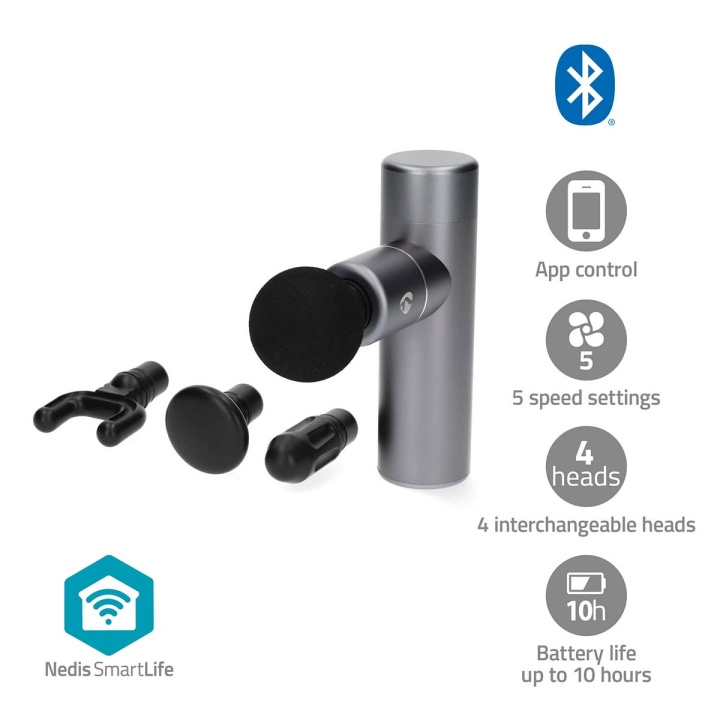 Nedis SmartLife Sportsmassage Pistol | Accu drevet | N/A | Opladningsbar | 5 Massage typer | Fladt Hoved / Konisk hoved / Kugleformet hoved / Snørepose / U-formet hoved | Mørkegrå i gruppen SKØNHED & HELSE / Massage og wellness / Massage hos TP E-commerce Nordic AB (C66699)