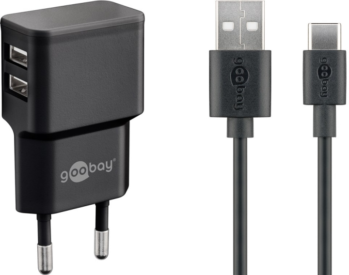 Goobay USB-C™ Dual laddningssats (12 W) Strömförsörjning med 2x USB-uttag och USB Type-C™ 1 m kabel (svart) billede