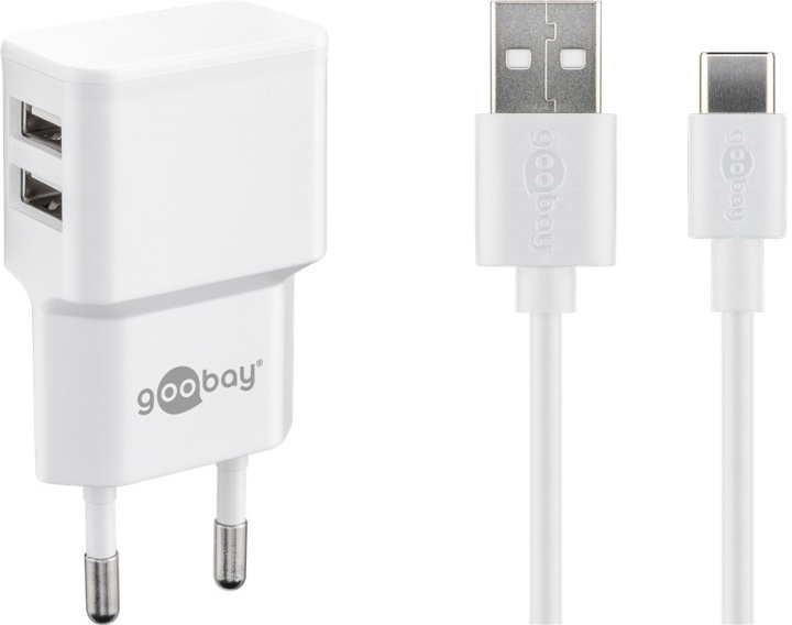 Goobay USB-C™ Dual laddningssats (12 W) Strömförsörjning med 2x USB-uttag och USB Type-C™ 1 m kabel (vit) billede