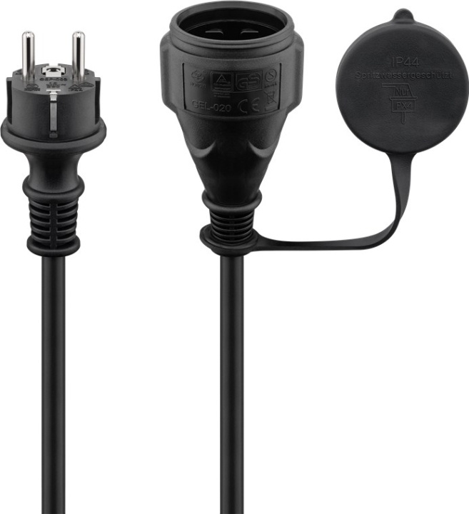 Goobay Strömkabel utomhus, 10 m, svart jordad hybrid stickpropp (typ E/F, CEE 7/7) > jordat uttag (typ F, CEE 7/3) billede
