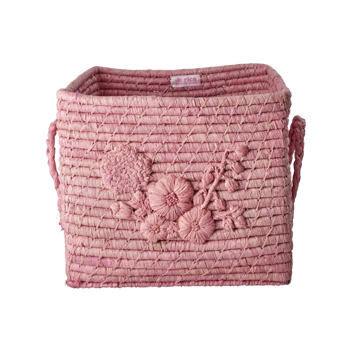 RICE Raffia firkantet kurv med blomsterbroderi - pink i gruppen LEGETØJ, BØRN & BABY / Børneværelse / Opbevaring hos TP E-commerce Nordic AB (D06740)