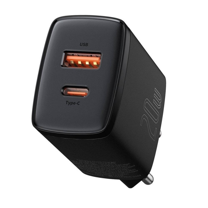 Baseus Compact Quick Adapter 20Watt USB-C + USB-A sort i gruppen SMARTPHONES & TABLETS / Opladere og kabler / Vægoplader / Væg oplader Type C hos TP E-commerce Nordic AB (D10320)