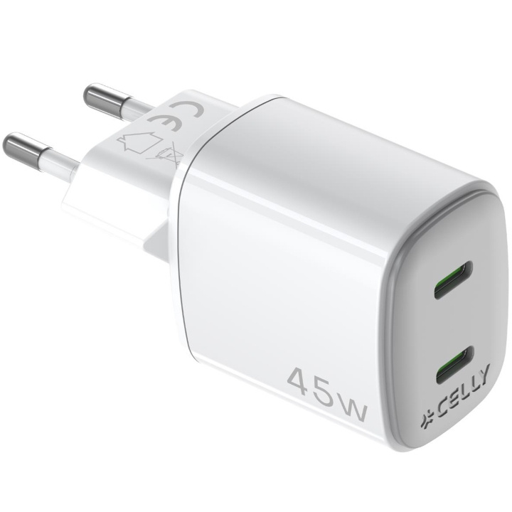 Celly USB-laddare GaN 2 x USB-C PD 45W i gruppen SMARTPHONES & TABLETS / Opladere og kabler / Vægoplader / Væg oplader Type C hos TP E-commerce Nordic AB (D11522)