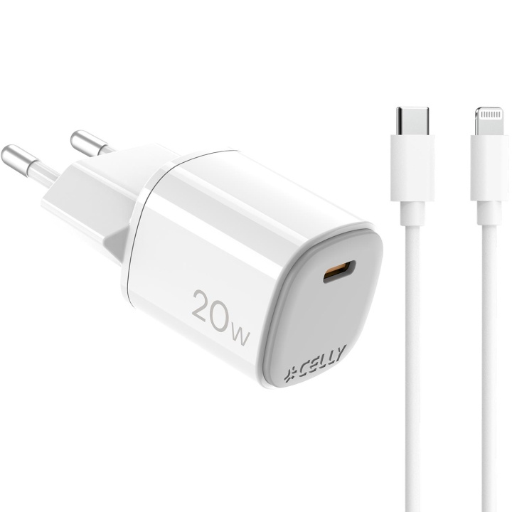 Celly USB-laddare GaN 1 x USB-C PD 20W + Lightning-kabel i gruppen SMARTPHONES & TABLETS / Opladere og kabler / Vægoplader / Væg oplader Type C hos TP E-commerce Nordic AB (D11525)
