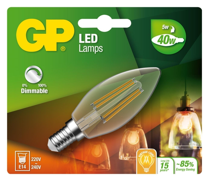 GP LED-lampe Filament Mini Candle, E14, DIM, 5W (40W), 470lm i gruppen HJEMMEELEKTRONIK / Lys / LED lamper hos TP E-commerce Nordic AB (D14214)