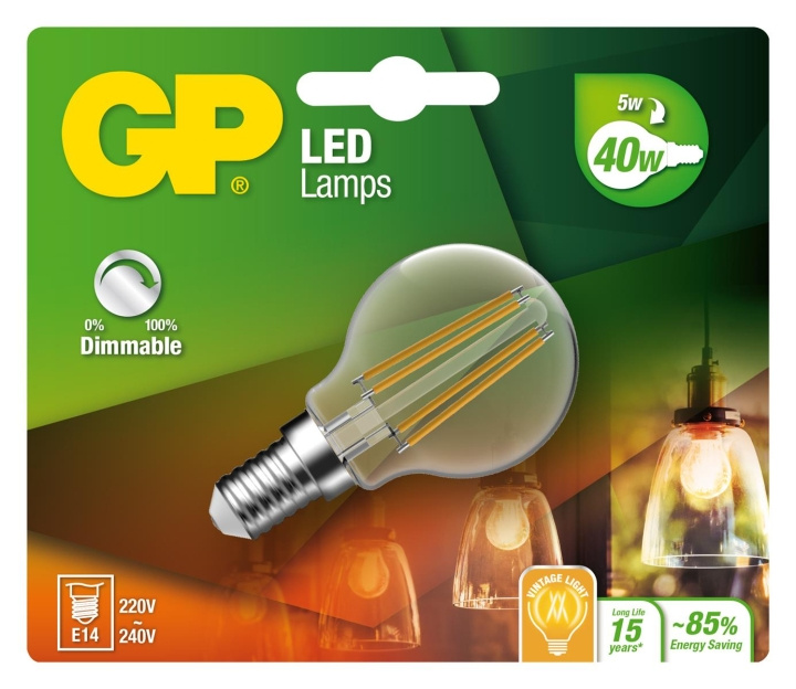 GP LED-lampe Filament Mini Globe, E14, DIM, 5W (40W), 470lm i gruppen HJEMMEELEKTRONIK / Lys / LED lamper hos TP E-commerce Nordic AB (D14215)