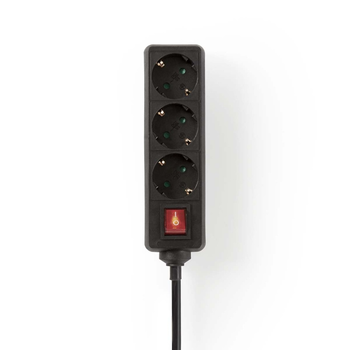 Nedis Udvidelse Socket | Stikprop med sidebens jord / Type F (CEE 7/7) | 3-vejs | 1.50 m | 3680 W | 16 A | Slags jordforbindelse: Sidekontakter | 230 V AC 50/60 Hz | Kontakt Vinkel: 45 ° | H05VV-F 3G1.5mm² | Indbygget on/off-knap (tænd/sluk) | Sort billede