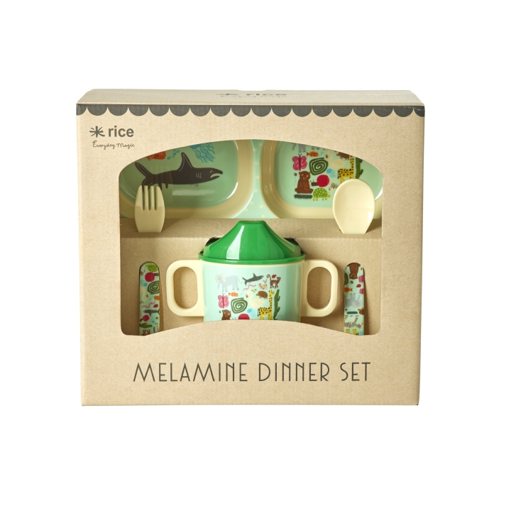 RICE Babyspisesæt i melamin - Wildlife Print - Mint og blå i gruppen LEGETØJ, BØRN & BABY / Mad & Drikke / Børnebestik og tallerkener hos TP E-commerce Nordic AB (D15344)