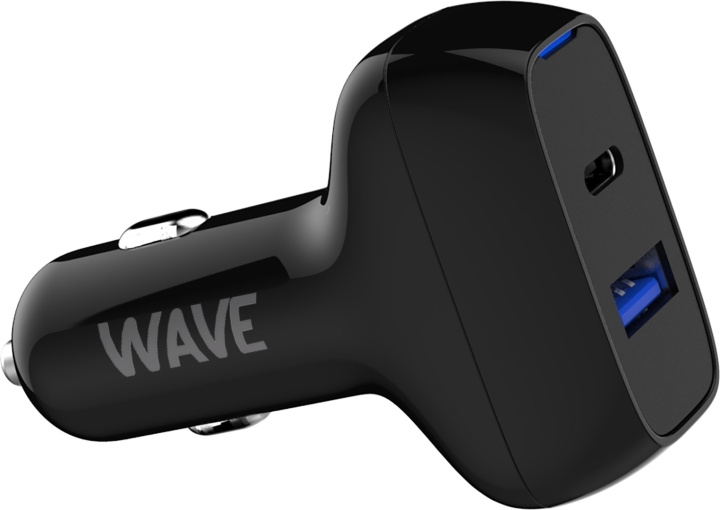 Wave Biloplader, 1 x USB Type-C + 1 x USB-A 18W+18W, sort i gruppen SMARTPHONES & TABLETS / Opladere og kabler / Bilopladere / Bilopladere Type C hos TP E-commerce Nordic AB (D15916)
