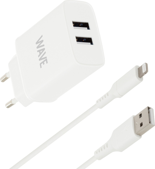 Wave netoplader 2 x USB + Lightning-kabel, 17W, hvid i gruppen SMARTPHONES & TABLETS / Opladere og kabler / Vægoplader / Vægoplader Lightning hos TP E-commerce Nordic AB (D15975)