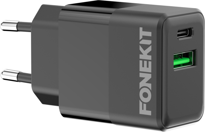 FoneKit Dobbelt 20W-oplader, USB-C + USB-A, sort i gruppen SMARTPHONES & TABLETS / Opladere og kabler / Vægoplader / Væg oplader Type C hos TP E-commerce Nordic AB (D16154)