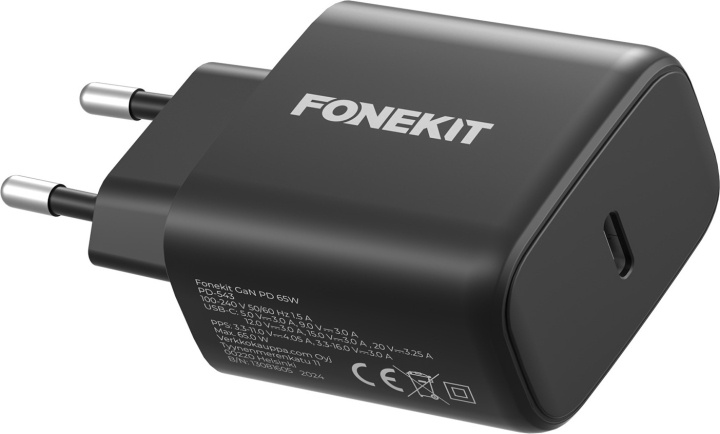FoneKit GaN PD 65W AC-oplader, USB-C, sort i gruppen SMARTPHONES & TABLETS / Opladere og kabler / Vægoplader / Væg oplader Type C hos TP E-commerce Nordic AB (D16155)