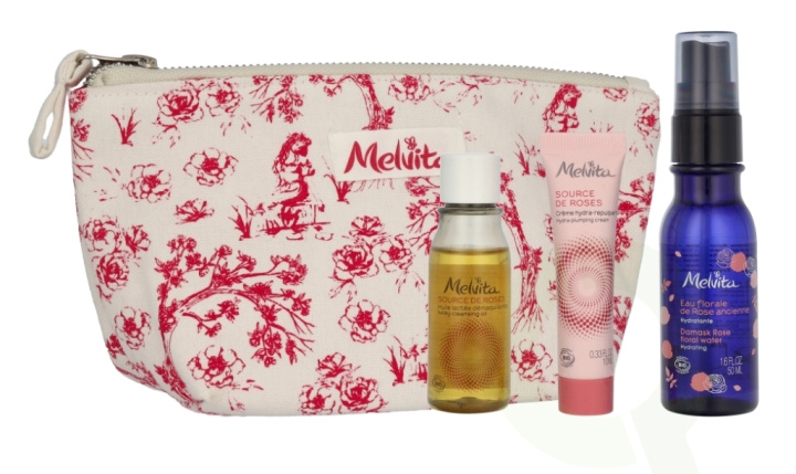 Melvita Essentials Set 90 ml Cleansing Oil 30ml/Hydra-Plumping Cream 10ml/Old Rose Floral Water 50ml/3x Reusable Cottons i gruppen SKØNHED & HELSE / Gaveæske / Gaveæske til hende hos TP E-commerce Nordic AB (D18299)