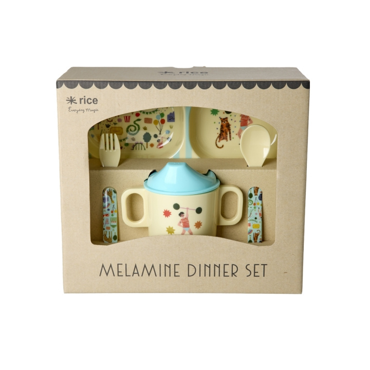 RICE Babyspisesæt i melamin - Fun Fair Print - Mint og blå i gruppen LEGETØJ, BØRN & BABY / Mad & Drikke / Børnebestik og tallerkener hos TP E-commerce Nordic AB (D19434)