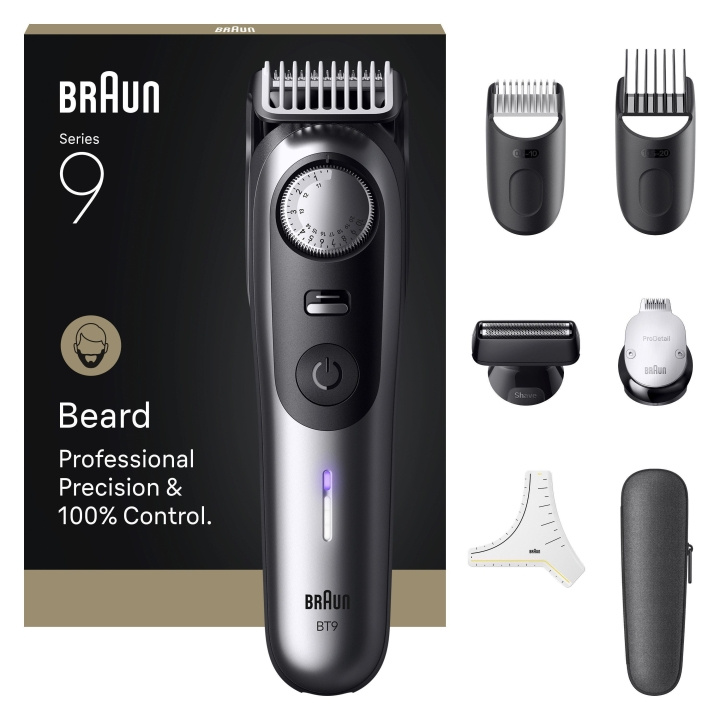Braun Skægtrimmer Series 9, +7 Barbering Tools, BT9520 - Satin Chrome i gruppen SKØNHED & HELSE / Hår og styling / Barbering og trimning / Barbermaskiner og tilbehør hos TP E-commerce Nordic AB (D19604)