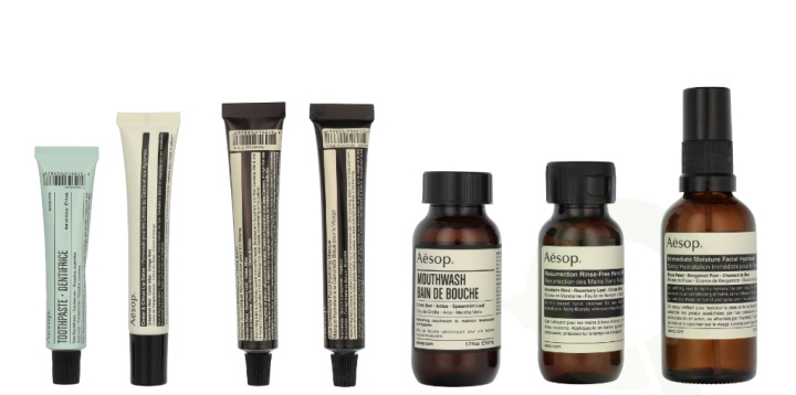 AESOP Departure Travel Kit 199 ml Hand Wash 50ml/Hand Balm 15ml/Hydrating Masque 15ml/Facial Hydrosol 50ml/Lip Cream 9ml/Mouthwash 50ml/Toothpaste 10ml i gruppen SKØNHED & HELSE / Gaveæske / Gaveæske til hende hos TP E-commerce Nordic AB (D19647)
