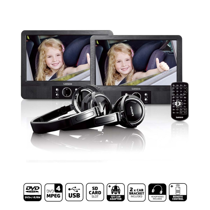 Lenco 9 tommer DVD-dobbeltskærm med beslag og hovedtelefoner Sort i gruppen HJEMMEELEKTRONIK / Lyd & billede / Hjemmebiograf, HiFi & Bærbar / Blu-ray & DVD-afspiller hos TP E-commerce Nordic AB (D20928)