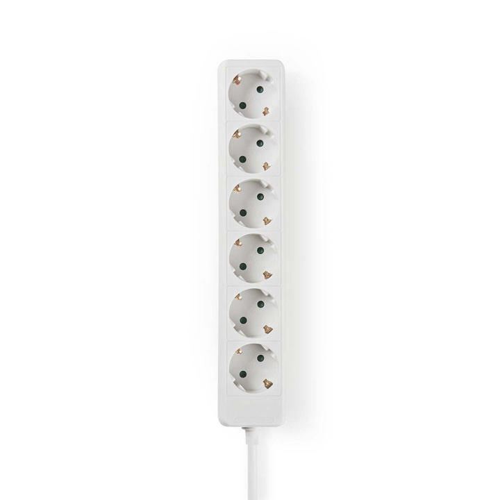 Nedis Udvidelse Socket | Stikprop med sidebens jord / Type F (CEE 7/7) | 6-vejs | 1.50 m | 3680 W | 16 A | Slags jordforbindelse: Sidekontakter | 230 V AC 50/60 Hz | Kontakt Vinkel: 45 ° | H05VV-F 3G1.5mm² | Hvid billede