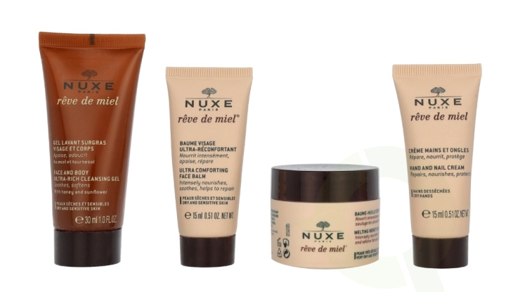 Nuxe Reve De Miel Travel Kit 90 ml Face and Body Wash 30 ml/Face Balm 15 ml/Melting Body Oil Balm 30 ml/Hands and Nails Cream 15 ml i gruppen SKØNHED & HELSE / Gaveæske / Gaveæske til hende hos TP E-commerce Nordic AB (D23414)