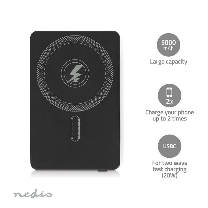Nedis Powerbank | 5000 mAh | Trådløs opladning | 1.67 / 2.22 / 3.0 A | Antal output: 1 | Output tilslutning: 1x USB-C™ | Input forbindels: 1x USB-C™ | PD3.0 20W | Lithium-polymer billede