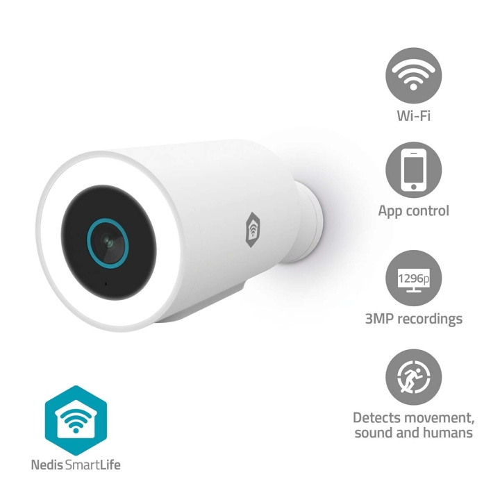 Nedis SmartLife udendørskamera | Spotlight | 3MP Full HD 1296p | IP65 | Cloud Storage (mulighed) / microSD (ikke inkluderet) / Onvif | 5 V DC | Med bevægelsessensor | Nattesyn | Hvid billede