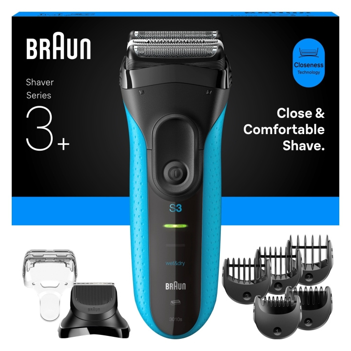 Braun Series 3+ elektrisk barbermaskine med skægtrimmertilbehør, våd og tør - 3010BT - Blå i gruppen SKØNHED & HELSE / Hår og styling / Barbering og trimning / Barbermaskiner hos TP E-commerce Nordic AB (D28943)