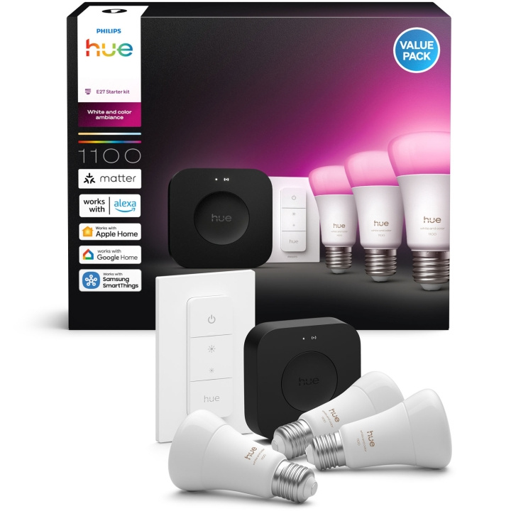 Philips Hue Startkit White and Color Ambiance 3xE27 1100lm + fjärr + Hue Bridge Pro i gruppen HJEM, HUS & HAVE / Smart hjem / Smart belysning hos TP E-commerce Nordic AB (D29116)