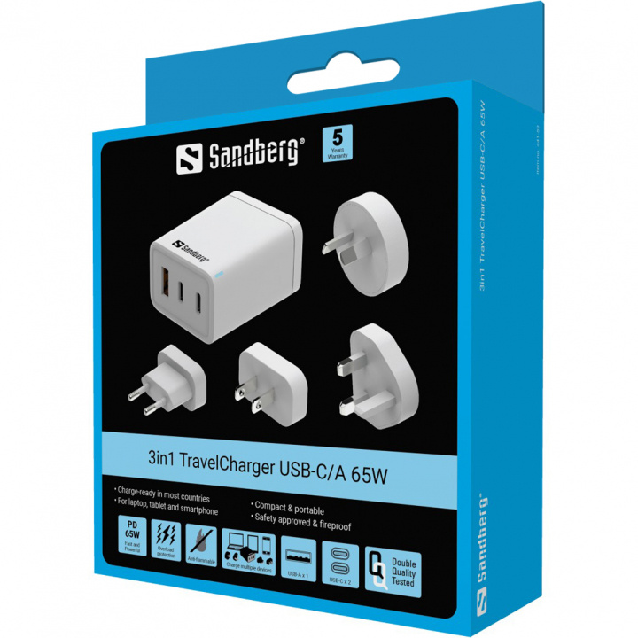Sandberg 3in1 rejseoplader USB-C/A 65W i gruppen HJEM, HUS & HAVE / Elektricitet & Belysning / Rejseadaptere hos TP E-commerce Nordic AB (D30376)