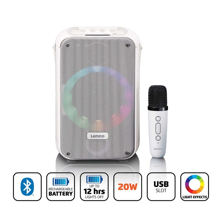 Lenco Karaokeanlæg med Bluetooth®, genopladeligt batteri, trådløs karaokemikrofon og disco-LED-belysning Hvid i gruppen HJEMMEELEKTRONIK / Lyd & billede / Højttalere & tilbehør / Bluetooth-højttalere / Bærbare højttalere hos TP E-commerce Nordic AB (D32152)