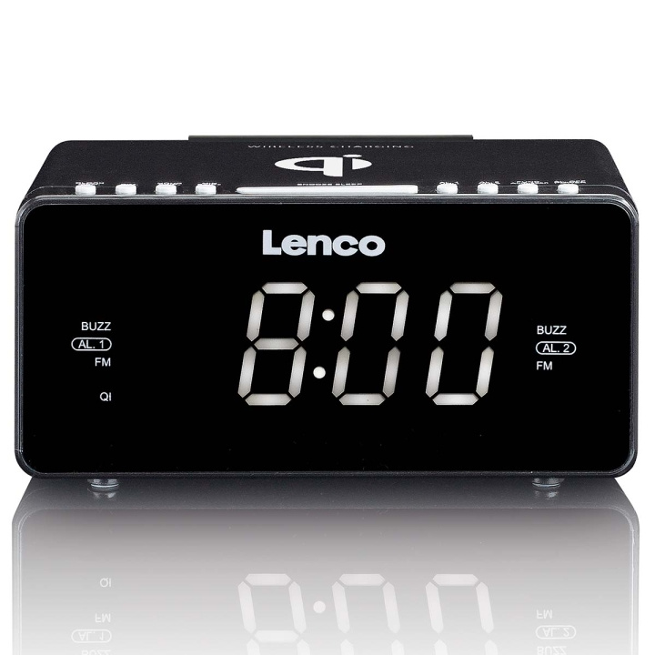 Lenco Stereo FM Clock Radio med USB og trådløs Qi-opladning af smartphone Sort i gruppen HJEMMEELEKTRONIK / Lyd & billede / Hjemmebiograf, HiFi & Bærbar / Radio og vækkeure / Klokradio hos TP E-commerce Nordic AB (D32173)