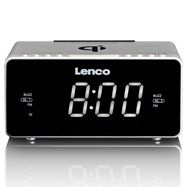 Lenco Stereo FM Clock Radio med USB og trådløs Qi-opladning af smartphone Sølv i gruppen HJEMMEELEKTRONIK / Lyd & billede / Hjemmebiograf, HiFi & Bærbar / Radio og vækkeure / Klokradio hos TP E-commerce Nordic AB (D32174)