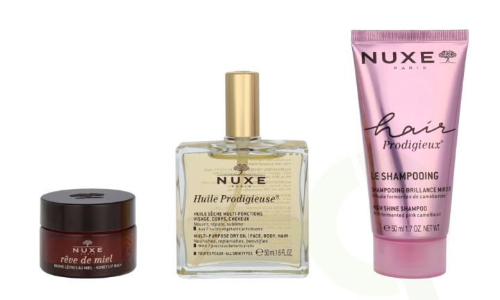 Nuxe The Iconics Giftset 115 ml Huile Prodigieuse 50ml/Honey Lip Balm 15g/High Shine Shampoo 50ml i gruppen SKØNHED & HELSE / Gaveæske / Gaveæske til hende hos TP E-commerce Nordic AB (D32929)
