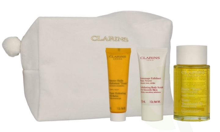 Clarins Aroma Set 160 ml Tonic Treatment Oil 100 ml / Exfoliating Body Scrub 30 ml / Tonic Hydrating Oil-Balm 30 ml / Large Pouch i gruppen SKØNHED & HELSE / Hudpleje / Ansigt hos TP E-commerce Nordic AB (D33511)