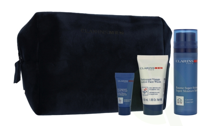 Clarins Men Set 83 ml Super Moisture Balm 50 ml / Active Face Wash 30 ml / Sample Shave Oil 3 ml / Men Pouch i gruppen SKØNHED & HELSE / Gaveæske / Gaveæske til ham hos TP E-commerce Nordic AB (D33513)