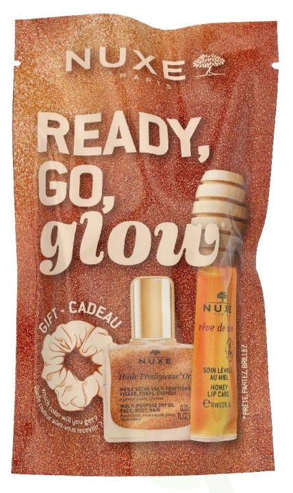 Nuxe Ready, Go, Glow Honey Set 20 ml Lip Treatment 10ml/Dry Oil 10ml/Scrunchie i gruppen SKØNHED & HELSE / Gaveæske / Gaveæske til hende hos TP E-commerce Nordic AB (D33688)
